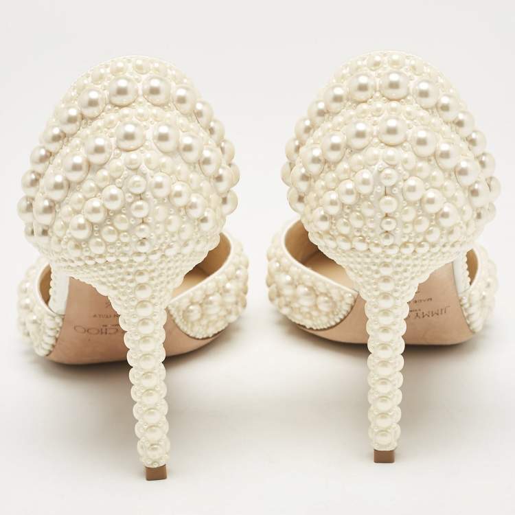 Pre Owned Jimmy Choo Cream Faux Pearl and Satin D'orsay Pumps Size 37.5