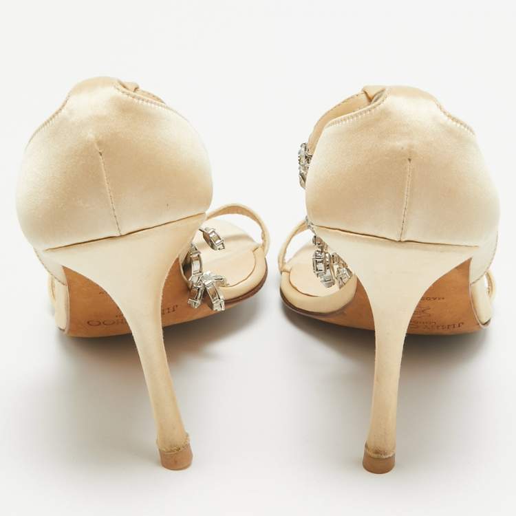 Pre Owned Jimmy Choo Gold Satin Crystal Embellished Ankle Strap Sandals Size 38