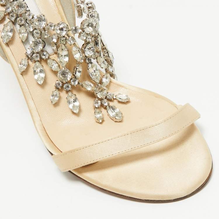 Pre Owned Jimmy Choo Gold Satin Crystal Embellished Ankle Strap Sandals Size 38