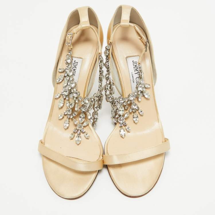 Pre Owned Jimmy Choo Gold Satin Crystal Embellished Ankle Strap Sandals Size 38