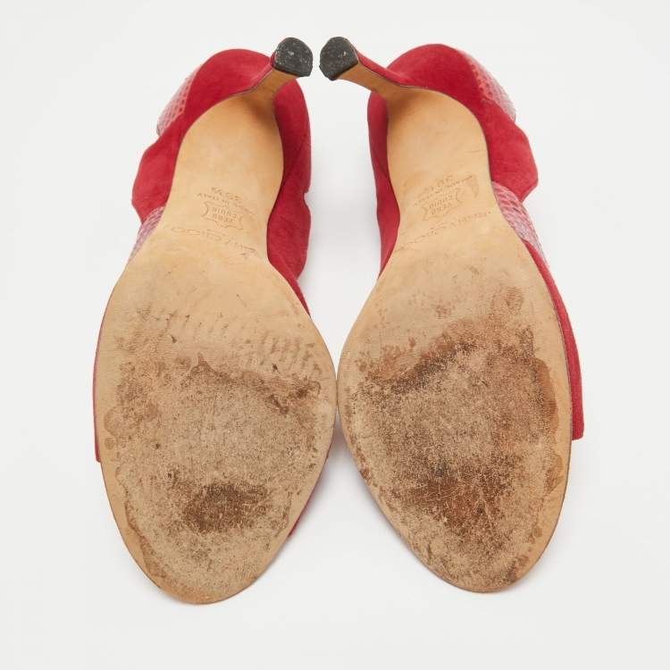 Pre Owned Jimmy Choo Red Suede and Watersnake Cut Out Open Toe Pumps Size 39.5
