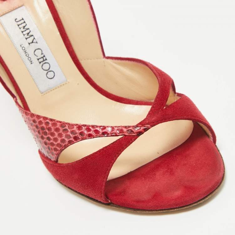 Pre Owned Jimmy Choo Red Suede and Watersnake Cut Out Open Toe Pumps Size 39.5