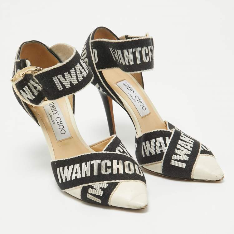 Pre Owned Jimmy Choo White/Black Leather and Canvas Buckle Pumps Size 37