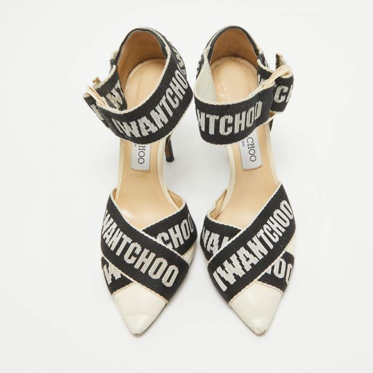 Pre Owned Jimmy Choo White/Black Leather and Canvas Buckle Pumps Size 37