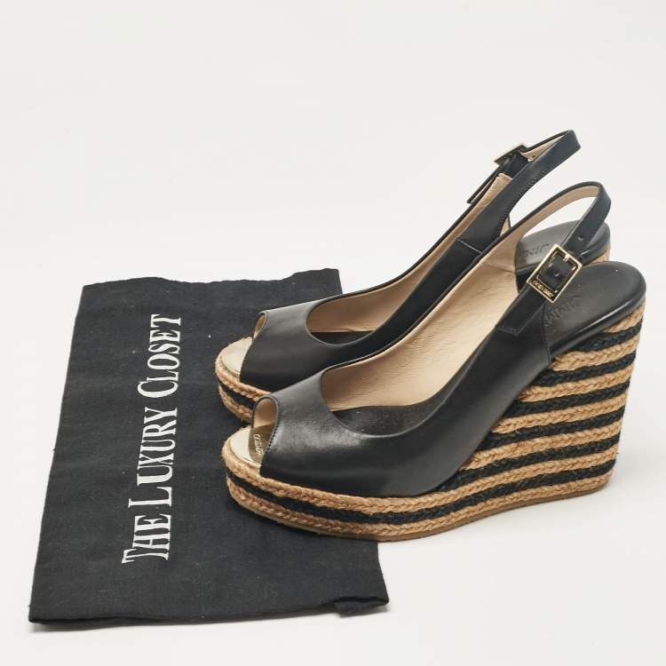 Pre Owned Jimmy Choo Black Leather Wedge Sandals Size 36.5