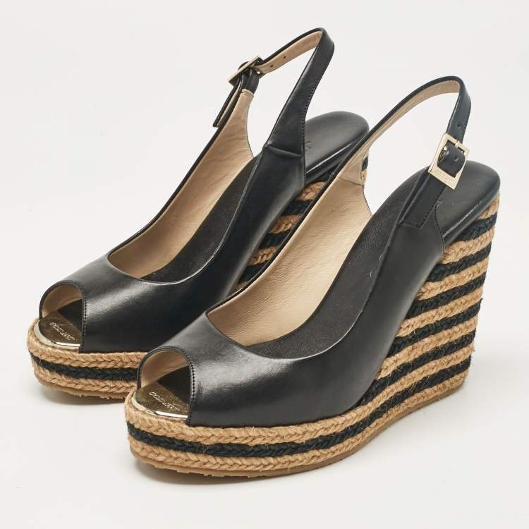 Pre Owned Jimmy Choo Black Leather Wedge Sandals Size 36.5