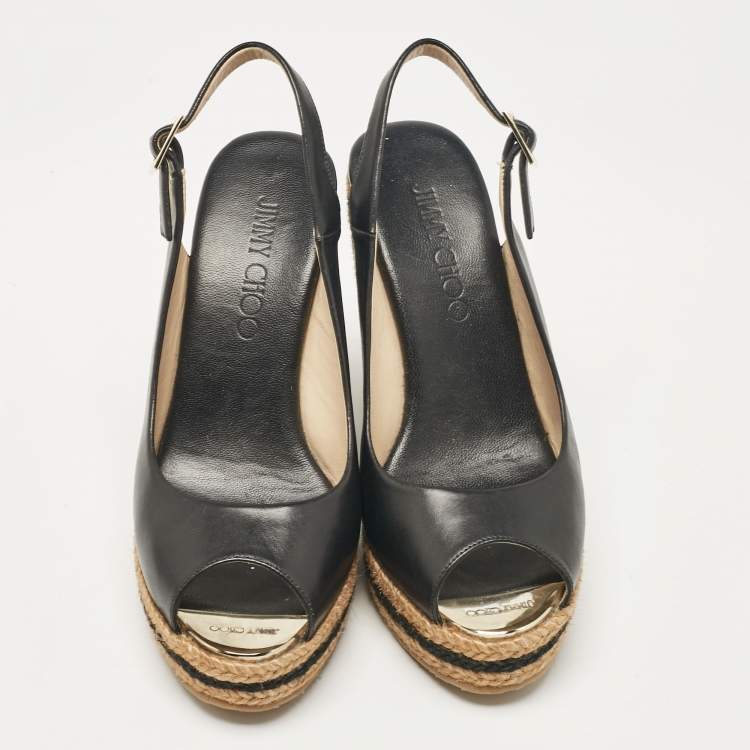 Pre Owned Jimmy Choo Black Leather Wedge Sandals Size 36.5