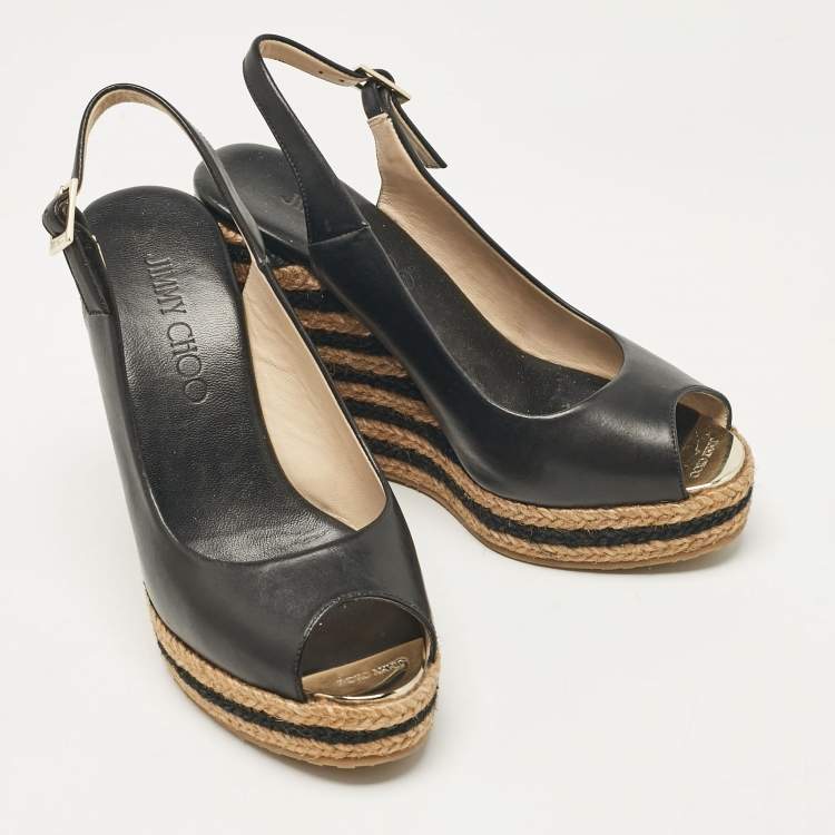 Pre Owned Jimmy Choo Black Leather Wedge Sandals Size 36.5
