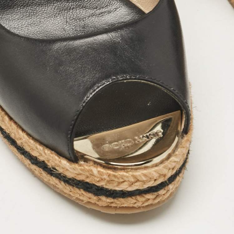 Pre Owned Jimmy Choo Black Leather Wedge Sandals Size 36.5