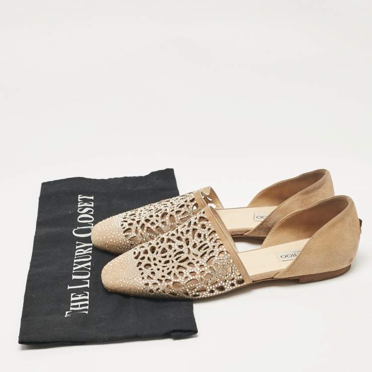 Pre Owned Jimmy Choo Beige Suede Crystal Embellished Ballet Flats Size 37.5
