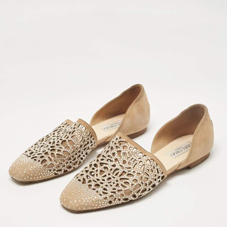 Pre Owned Jimmy Choo Beige Suede Crystal Embellished Ballet Flats Size 37.5