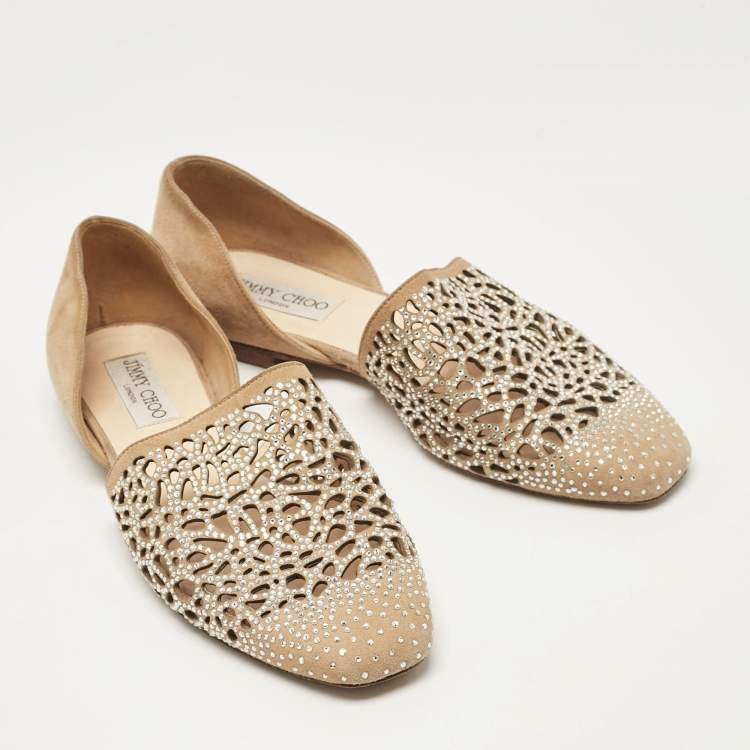 Pre Owned Jimmy Choo Beige Suede Crystal Embellished Ballet Flats Size 37.5