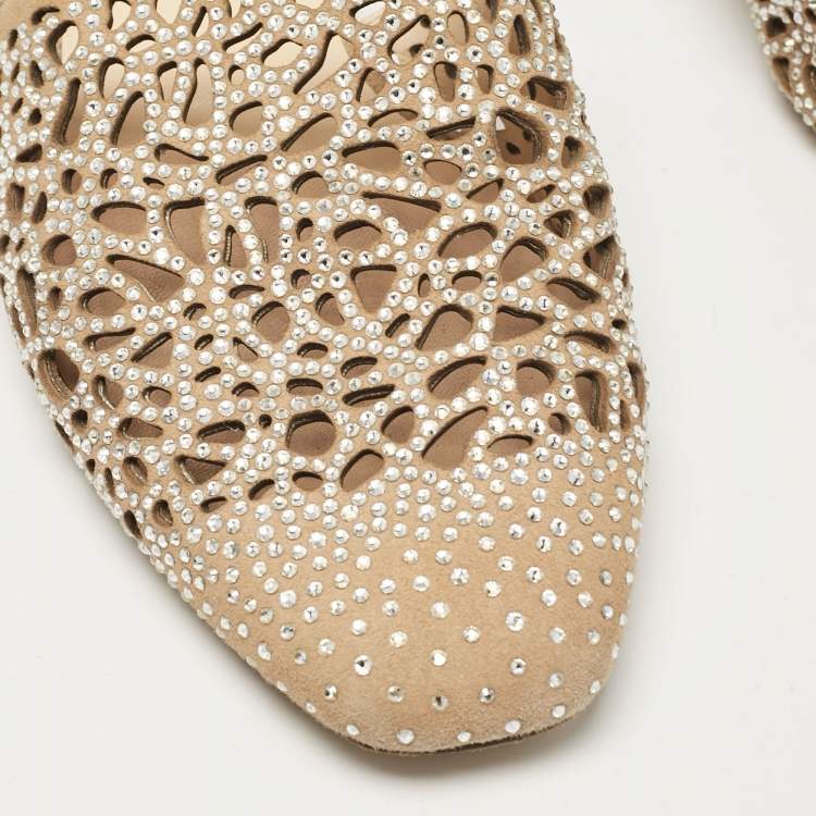 Pre Owned Jimmy Choo Beige Suede Crystal Embellished Ballet Flats Size 37.5