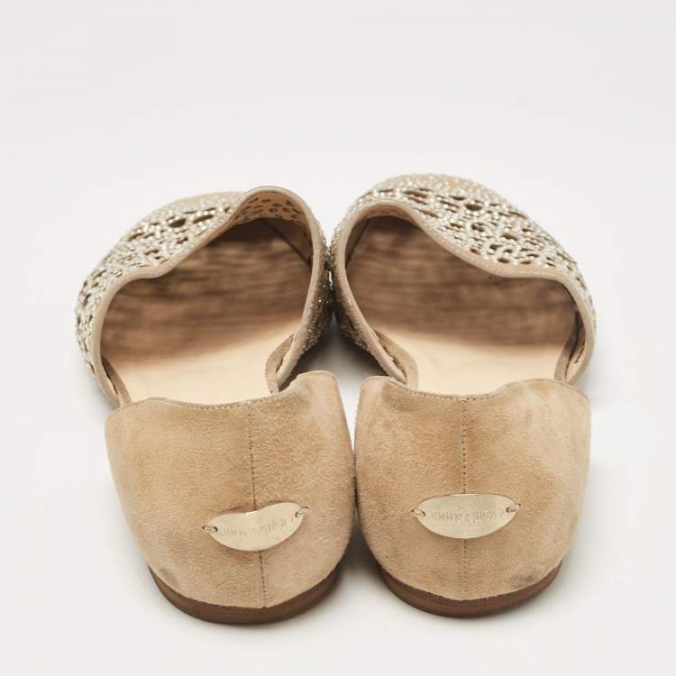 Pre Owned Jimmy Choo Beige Suede Crystal Embellished Ballet Flats Size 37.5