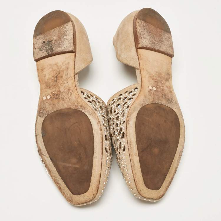 Pre Owned Jimmy Choo Beige Suede Crystal Embellished Ballet Flats Size 37.5
