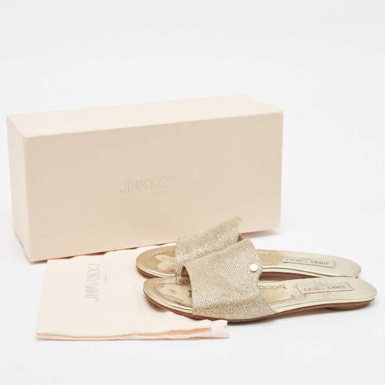 Pre Owned Jimmy Choo Gold Lurex Fabric Nanda Flat Slides Size 37