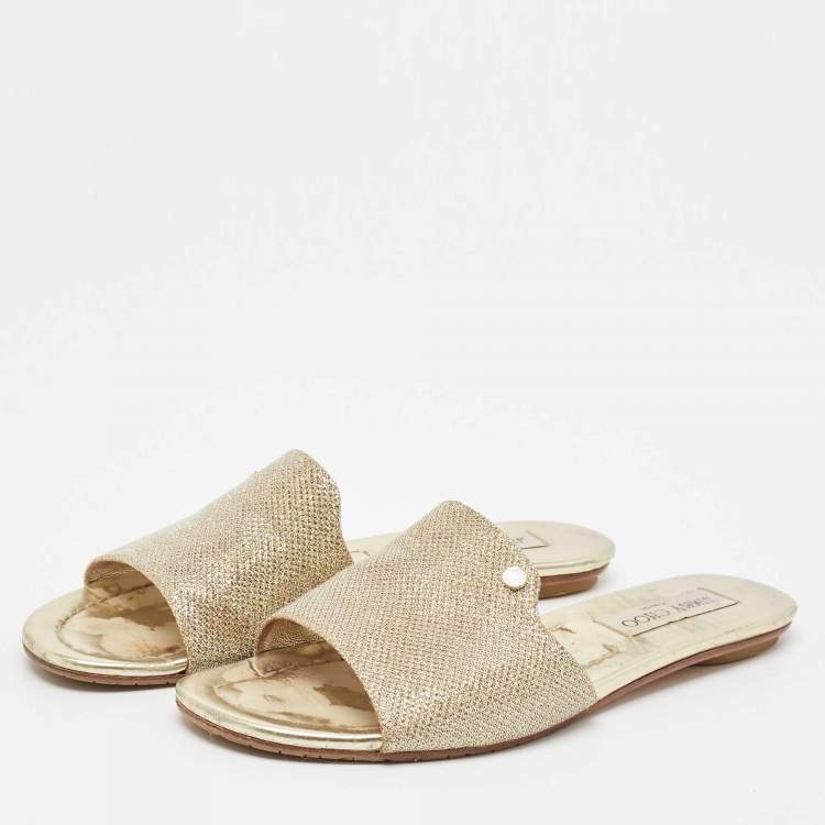 Pre Owned Jimmy Choo Gold Lurex Fabric Nanda Flat Slides Size 37