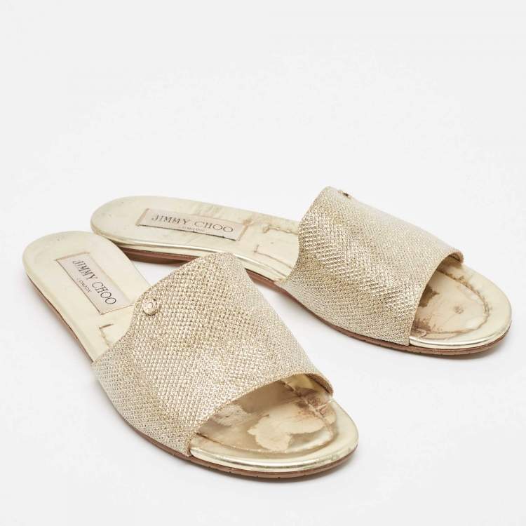 Pre Owned Jimmy Choo Gold Lurex Fabric Nanda Flat Slides Size 37