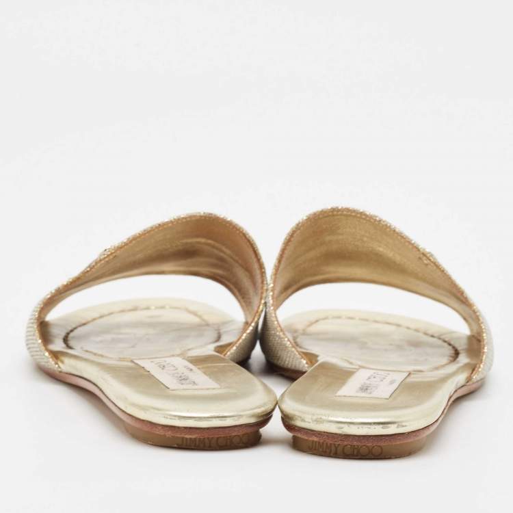 Pre Owned Jimmy Choo Gold Lurex Fabric Nanda Flat Slides Size 37