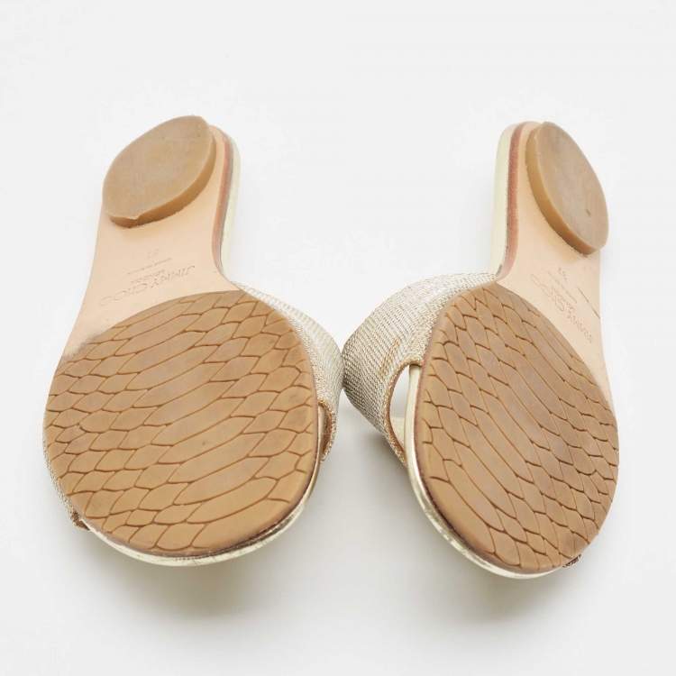 Pre Owned Jimmy Choo Gold Lurex Fabric Nanda Flat Slides Size 37