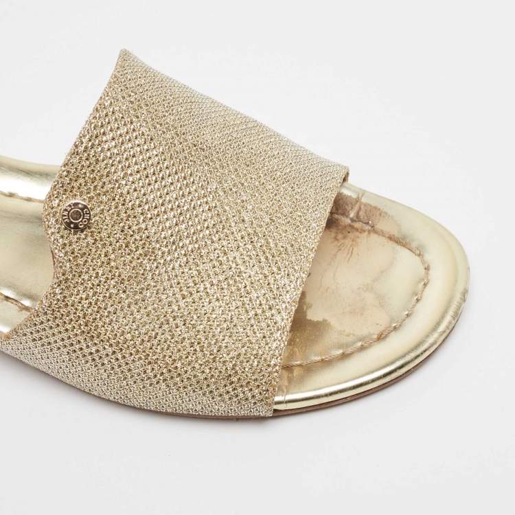 Pre Owned Jimmy Choo Gold Lurex Fabric Nanda Flat Slides Size 37