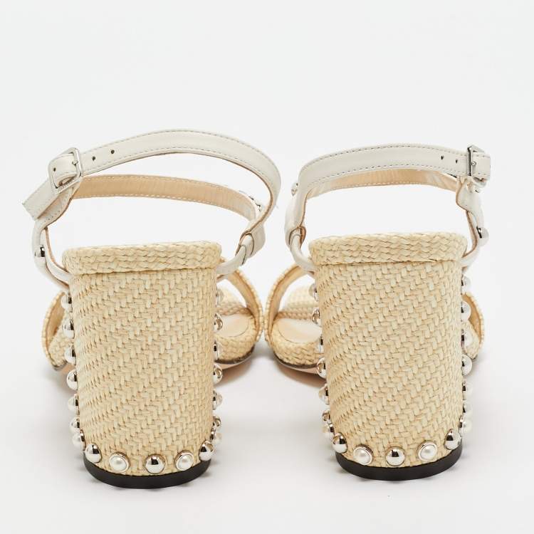 Pre Owned Jimmy Choo Beige/Cream Raffia and Leather Aadra Sandals Size 39