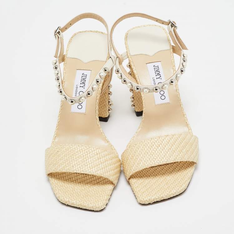 Pre Owned Jimmy Choo Beige/Cream Raffia and Leather Aadra Sandals Size 39