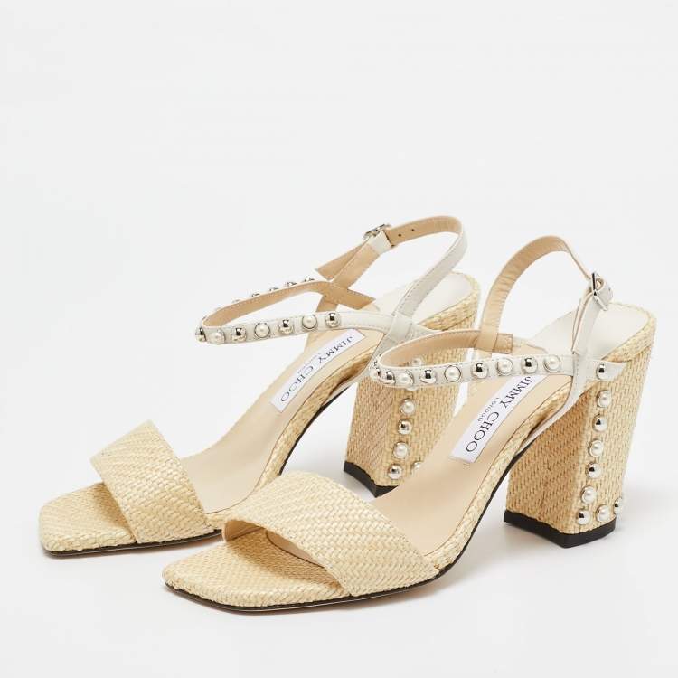 Pre Owned Jimmy Choo Beige/Cream Raffia and Leather Aadra Sandals Size 39