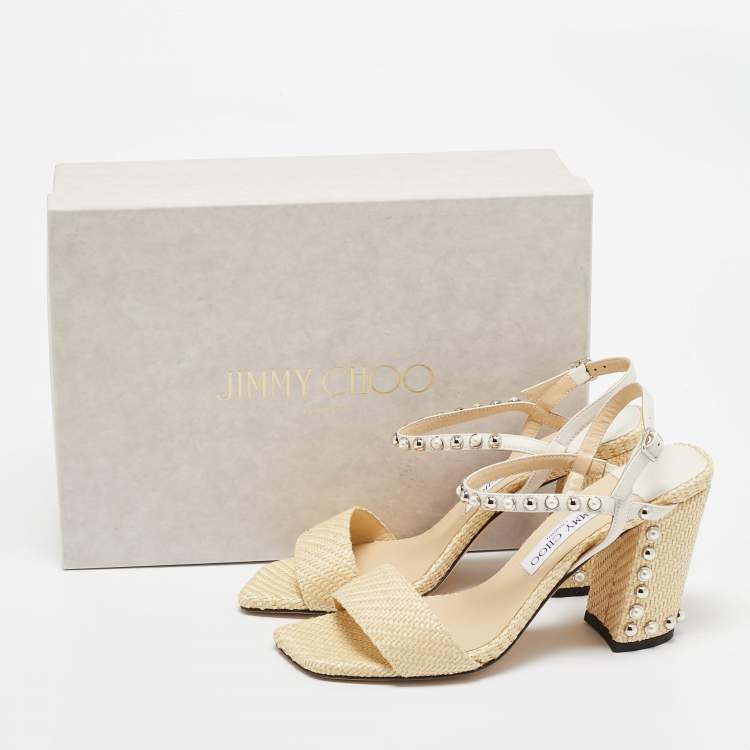 Pre Owned Jimmy Choo Beige/Cream Raffia and Leather Aadra Sandals Size 39