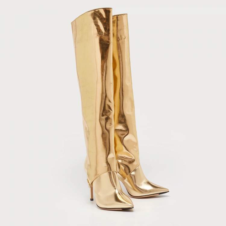 Pre Owned Jimmy Choo Gold Patent Leather Knee Length Boots Size 37.5