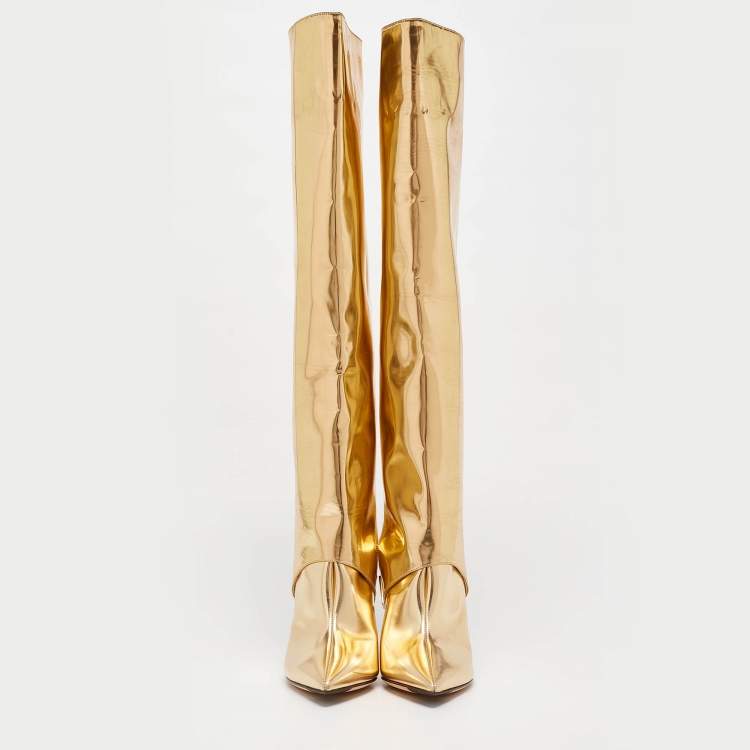Pre Owned Jimmy Choo Gold Patent Leather Knee Length Boots Size 37.5