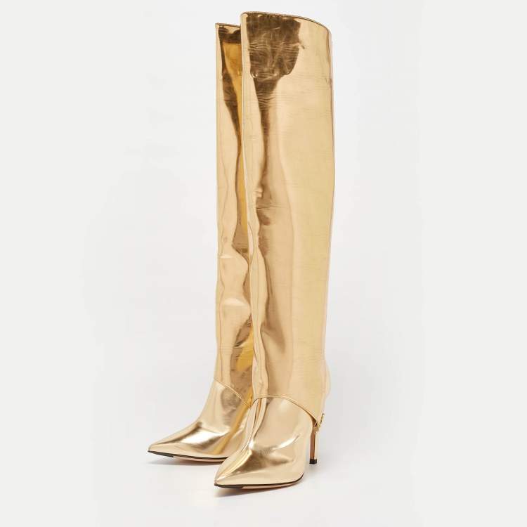 Pre Owned Jimmy Choo Gold Patent Leather Knee Length Boots Size 37.5