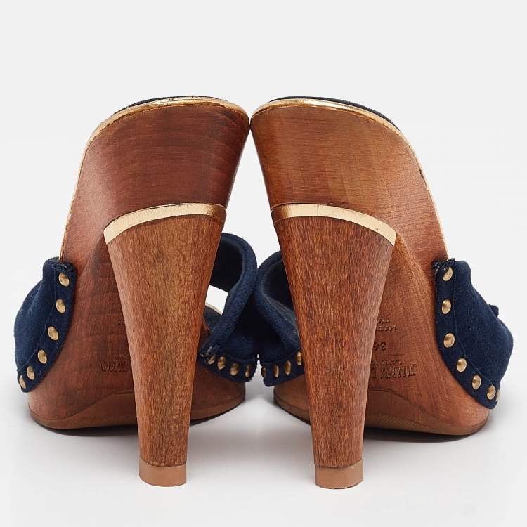Pre Owned Jimmy Choo Navy Blue Suede Bow Platform Slide Sandals Size 36