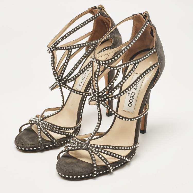 Pre Owned Jimmy Choo Grey Suede Crystal Embellished Strappy Sandals Size 38.5