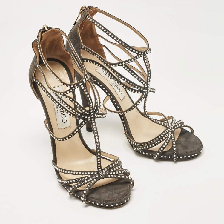 Pre Owned Jimmy Choo Grey Suede Crystal Embellished Strappy Sandals Size 38.5