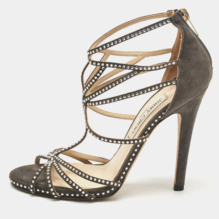 Pre Owned Jimmy Choo Grey Suede Crystal Embellished Strappy Sandals Size 38.5