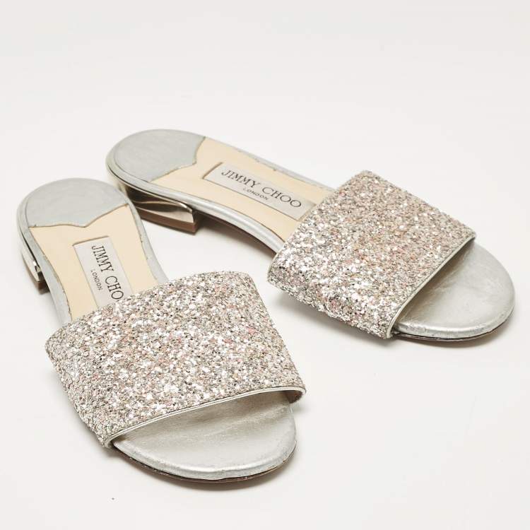 Pre Owned Jimmy Choo Silver/Pink Glitter Joni Flat Slides Size 36