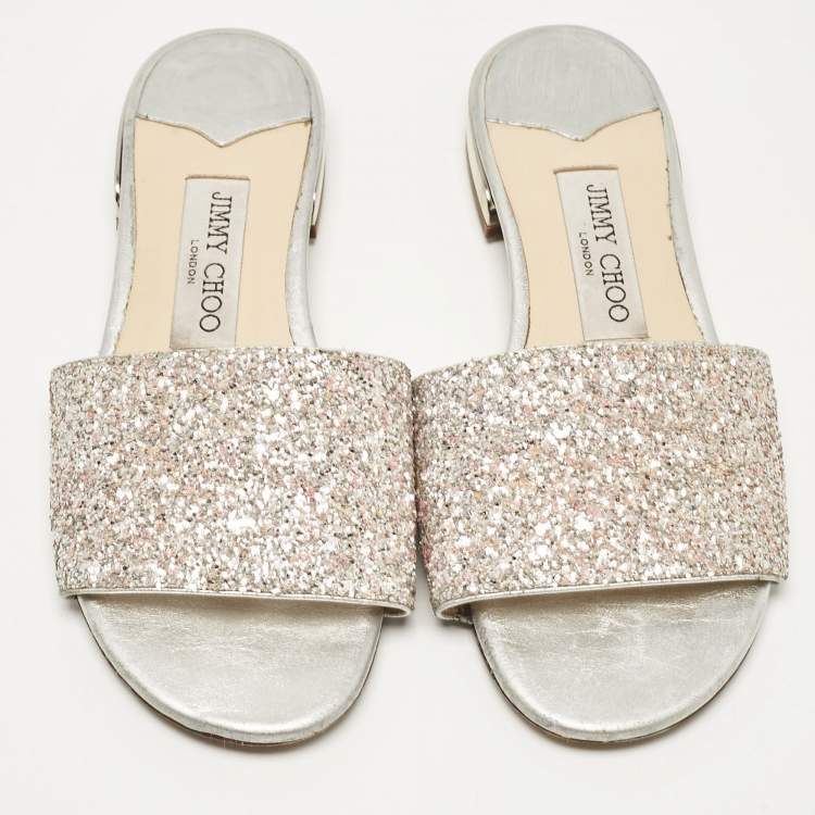 Pre Owned Jimmy Choo Silver/Pink Glitter Joni Flat Slides Size 36