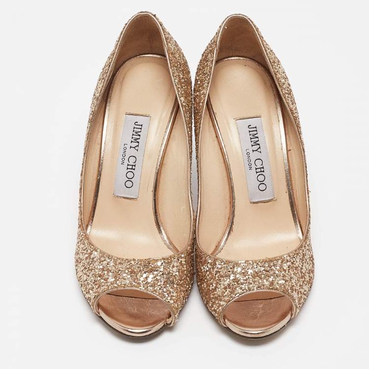 مملوكة مسبقًا Jimmy Choo Gold Glitter Baxen Wedge Pumps Size 35.5