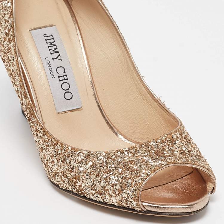 مملوكة مسبقًا Jimmy Choo Gold Glitter Baxen Wedge Pumps Size 35.5