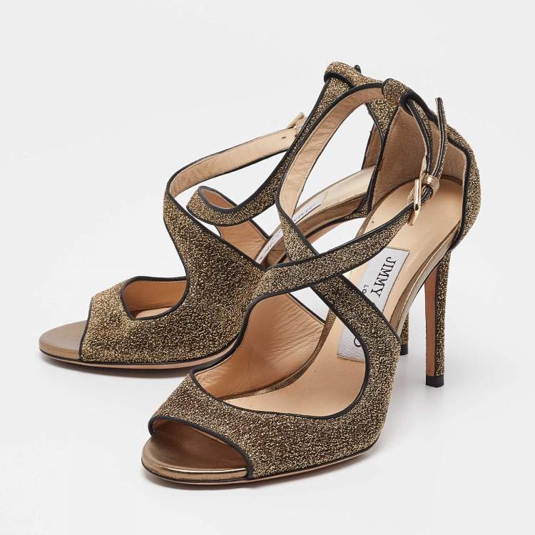 Pre Owned Jimmy Choo Gold Leather and Lurex Fabric Emily Ankle Strap Sandals Size 35