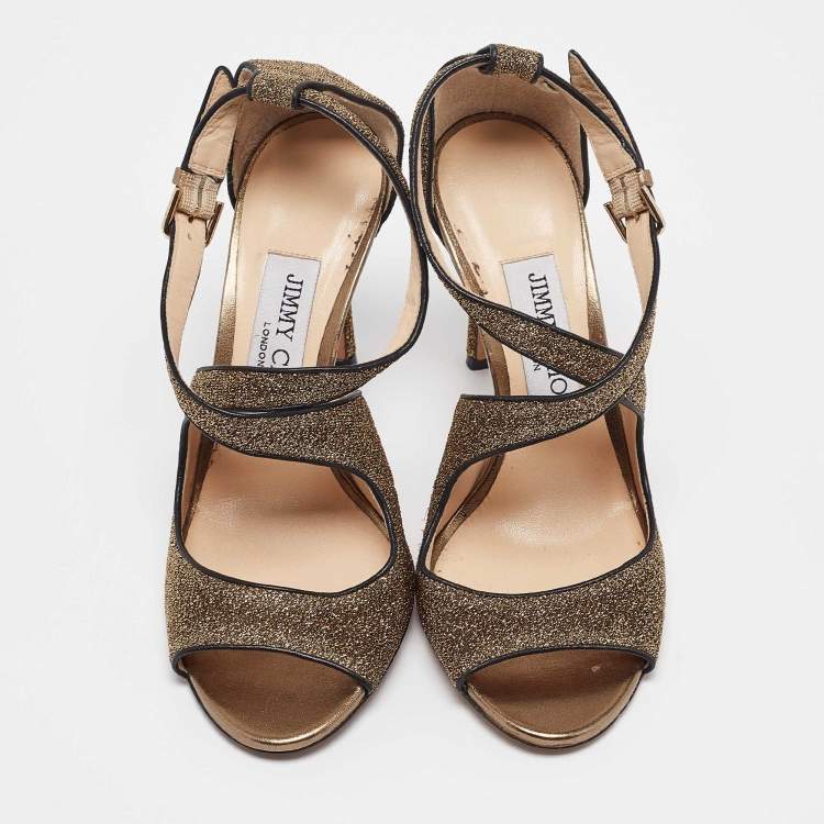 Pre Owned Jimmy Choo Gold Leather and Lurex Fabric Emily Ankle Strap Sandals Size 35