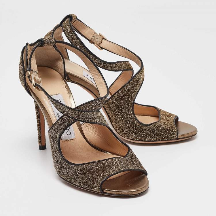 Pre Owned Jimmy Choo Gold Leather and Lurex Fabric Emily Ankle Strap Sandals Size 35