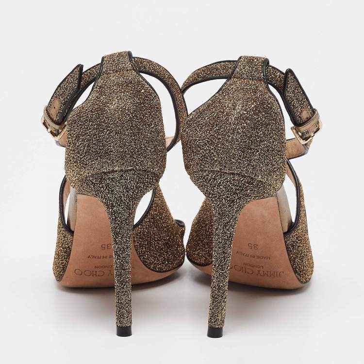 Pre Owned Jimmy Choo Gold Leather and Lurex Fabric Emily Ankle Strap Sandals Size 35