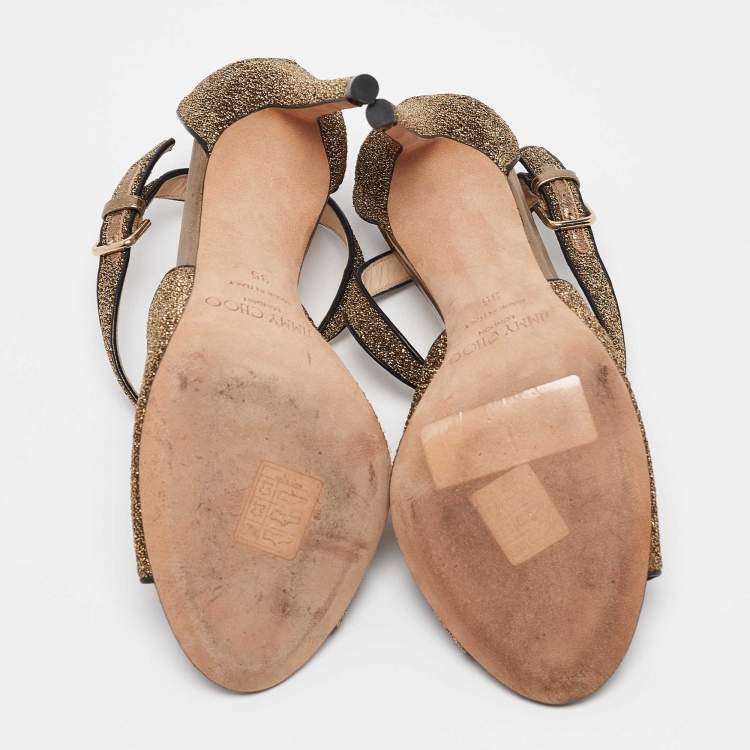 Pre Owned Jimmy Choo Gold Leather and Lurex Fabric Emily Ankle Strap Sandals Size 35