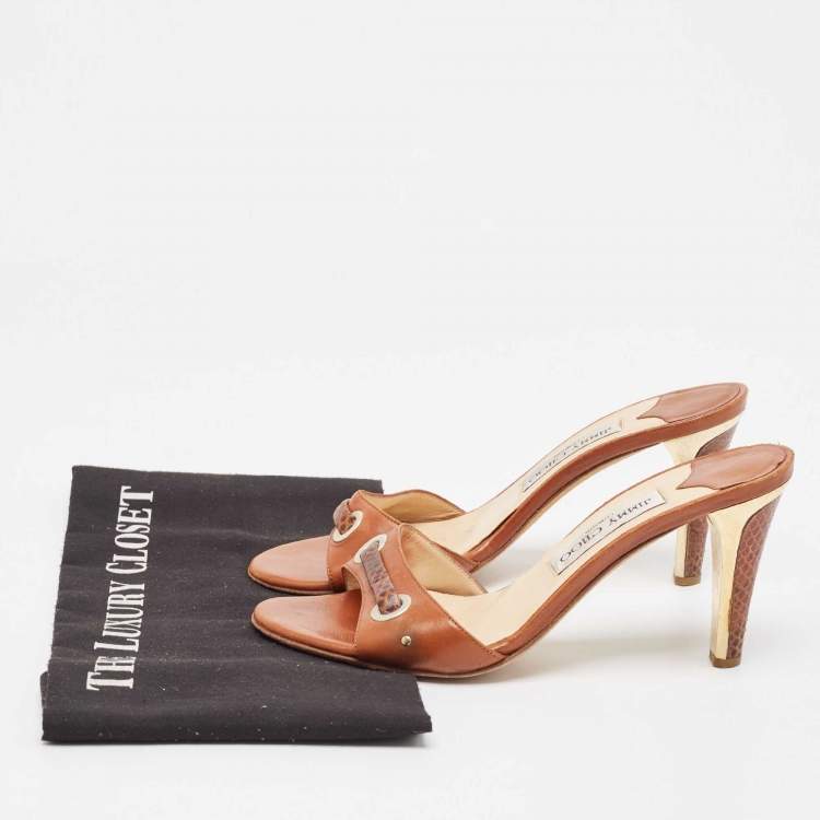 مملوكة مسبقًا Jimmy Choo Brown Leather and Snakeskin Leather Slide Sandals Size 37.5