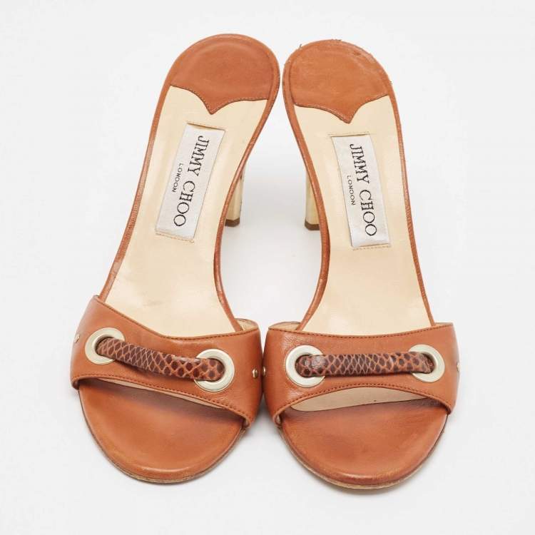 مملوكة مسبقًا Jimmy Choo Brown Leather and Snakeskin Leather Slide Sandals Size 37.5