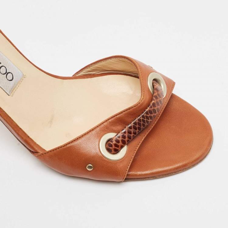 مملوكة مسبقًا Jimmy Choo Brown Leather and Snakeskin Leather Slide Sandals Size 37.5