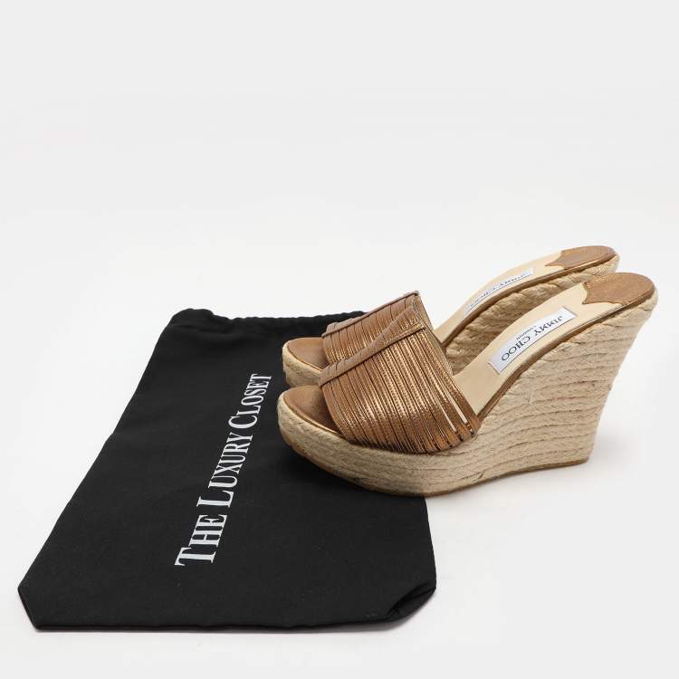 Pre Owned Jimmy Choo Gold Leather Wedge Espadrille Silde Sandals Size 40.5