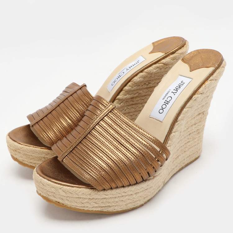 Pre Owned Jimmy Choo Gold Leather Wedge Espadrille Silde Sandals Size 40.5